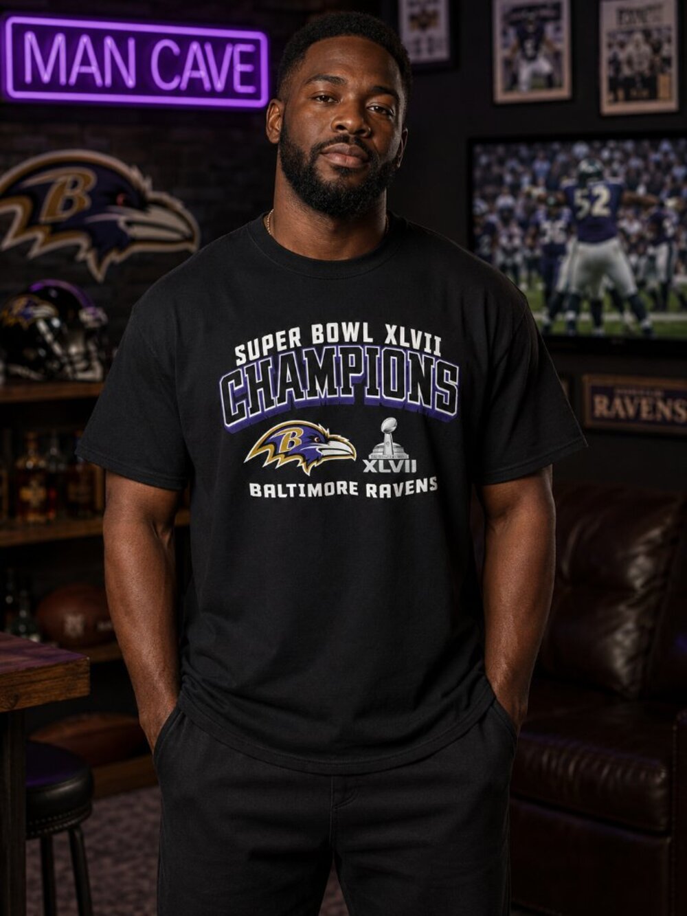 Baltimore Ravens Super Bowl XLVII Champions NFL Team Apparel T-Shirt Black Size